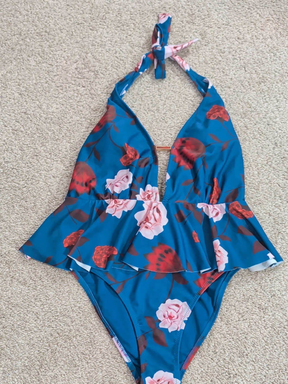 Teal Floral Halter Peplum One-Piece Swimsuit